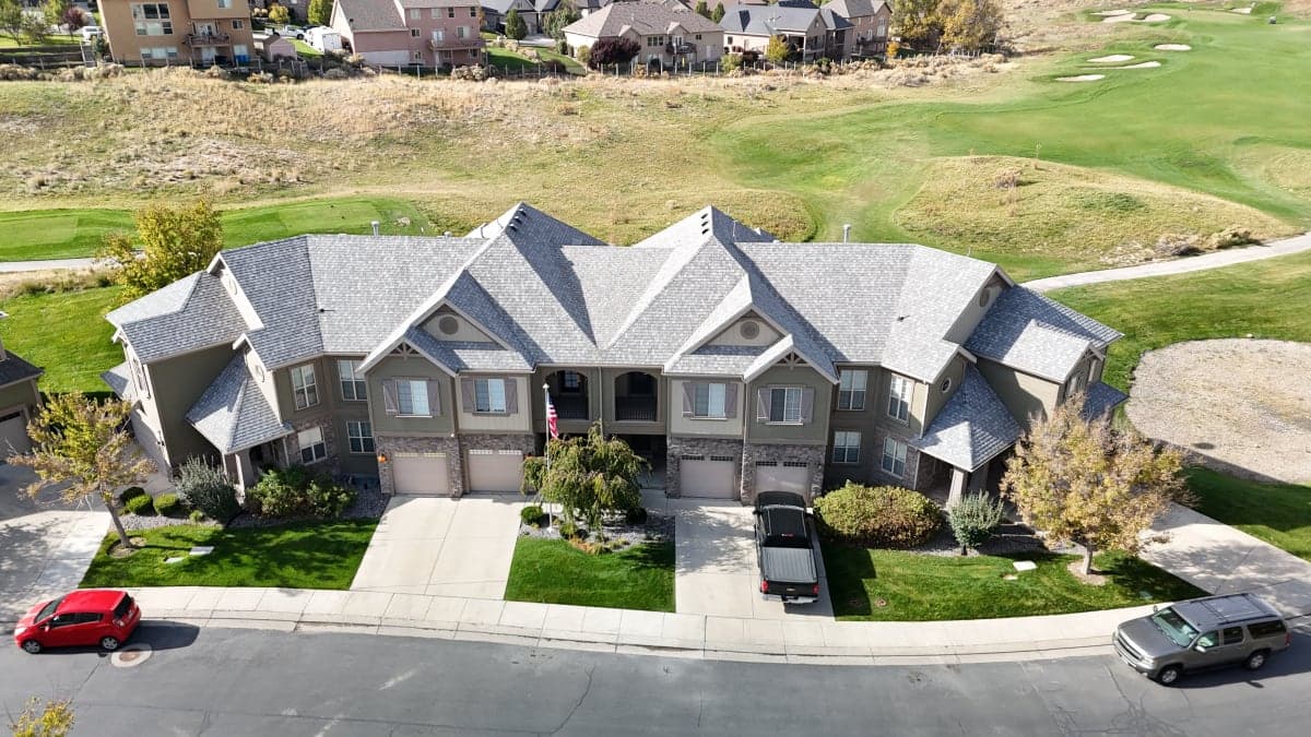 Professional roof installation aerial view